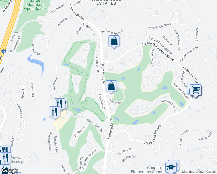 map of restaurants, bars, coffee shops, grocery stores, and more near 17637 Pomerado Road in San Diego
