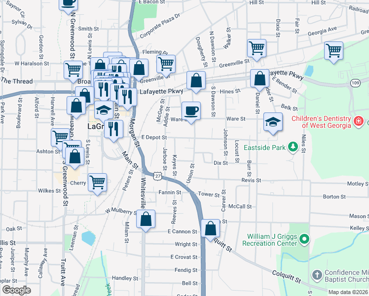 map of restaurants, bars, coffee shops, grocery stores, and more near 105 Keyes Street in LaGrange