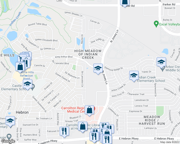 map of restaurants, bars, coffee shops, grocery stores, and more near 1800 King Arthur Boulevard in Carrollton