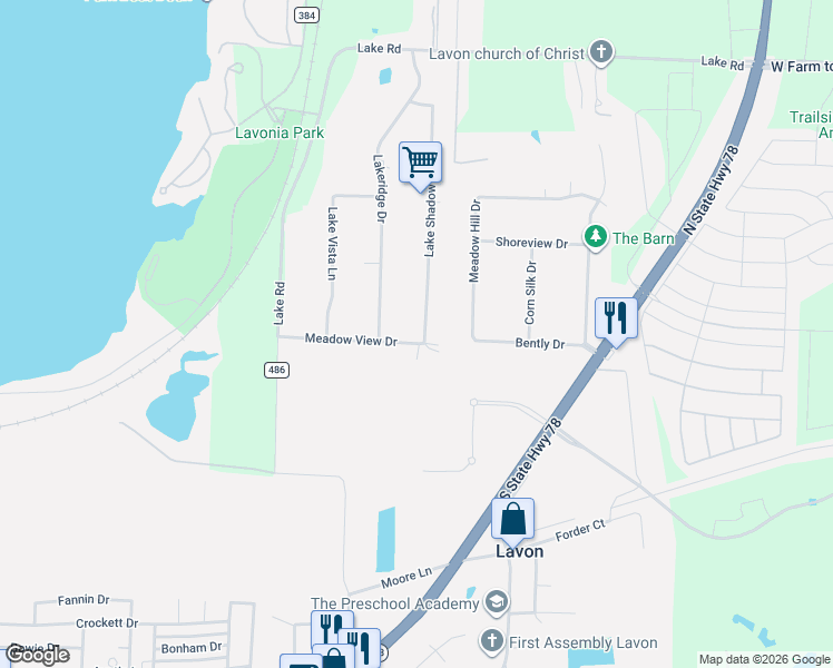 map of restaurants, bars, coffee shops, grocery stores, and more near 600 Lake Shadow Drive in Lavon