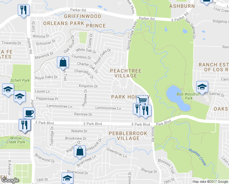 map of restaurants, bars, coffee shops, grocery stores, and more near 3205 Laurel Lane in Plano