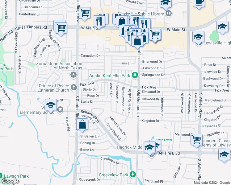 map of restaurants, bars, coffee shops, grocery stores, and more near 920 Boxwood Drive in Lewisville