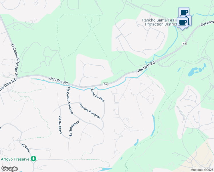 map of restaurants, bars, coffee shops, grocery stores, and more near 7533 Del Dios Road in Rancho Santa Fe