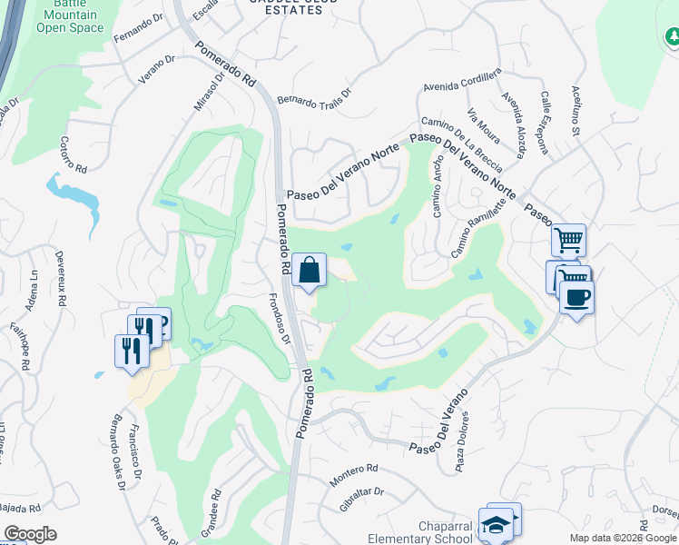 map of restaurants, bars, coffee shops, grocery stores, and more near 12570 Oaks North Drive in San Diego