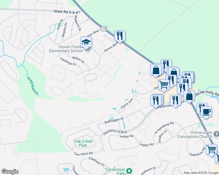 map of restaurants, bars, coffee shops, grocery stores, and more near 203 Hawkridge Place in Goose Creek