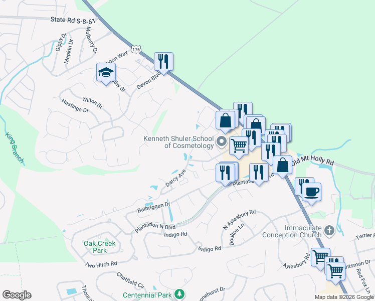map of restaurants, bars, coffee shops, grocery stores, and more near 108 Darcy Avenue in Goose Creek