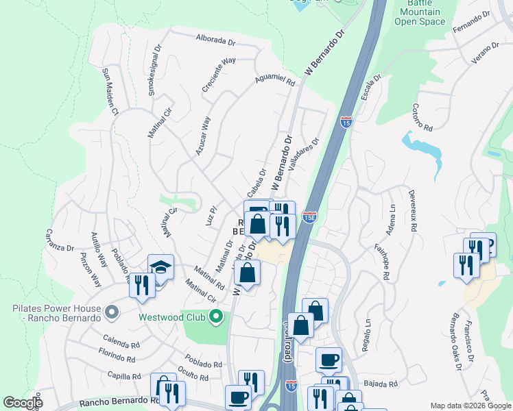 map of restaurants, bars, coffee shops, grocery stores, and more near 11533 Aliento Court in San Diego