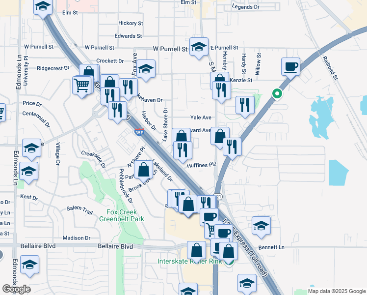 map of restaurants, bars, coffee shops, grocery stores, and more near 1098 South Charles Street in Lewisville
