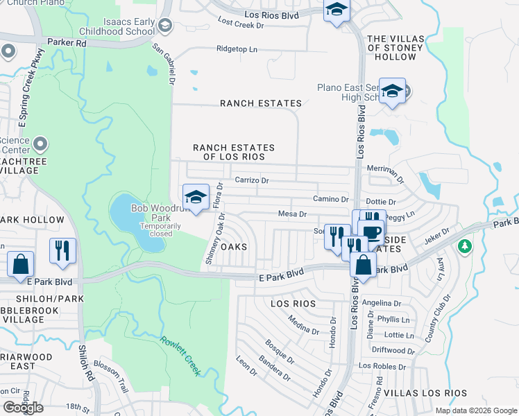 map of restaurants, bars, coffee shops, grocery stores, and more near 3917 Mesa Drive in Plano