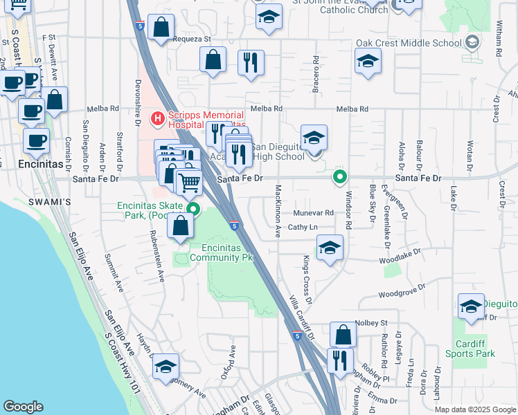 map of restaurants, bars, coffee shops, grocery stores, and more near 1247 Loch Lomond Drive in Encinitas