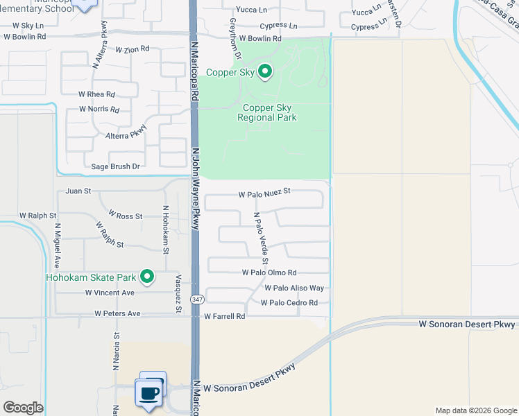 map of restaurants, bars, coffee shops, grocery stores, and more near 44308 West Palo Amarillo Road in Maricopa