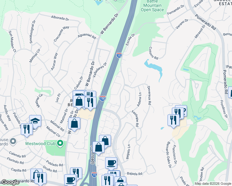 map of restaurants, bars, coffee shops, grocery stores, and more near 17586 Bocage Point in San Diego