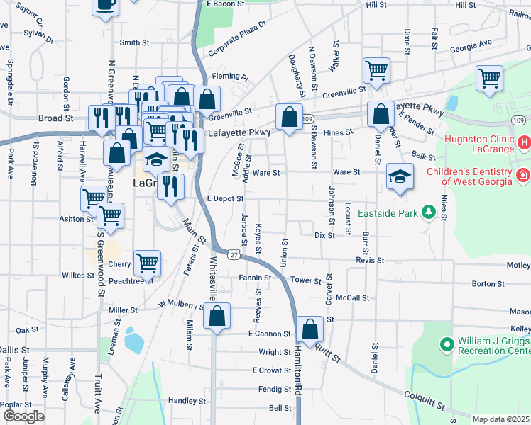 map of restaurants, bars, coffee shops, grocery stores, and more near 105 Keyes Street in LaGrange