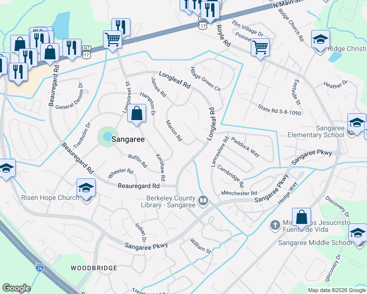 map of restaurants, bars, coffee shops, grocery stores, and more near 105 Marion Road in Summerville
