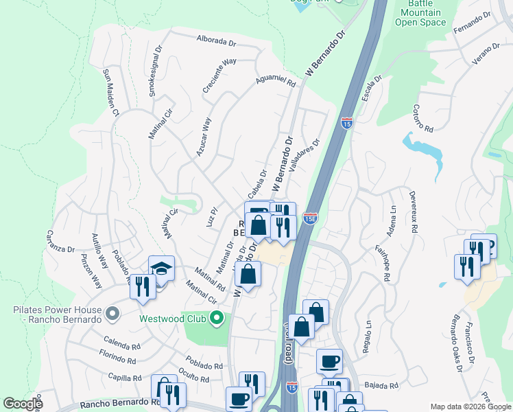 map of restaurants, bars, coffee shops, grocery stores, and more near 11533 Aliento Court in San Diego