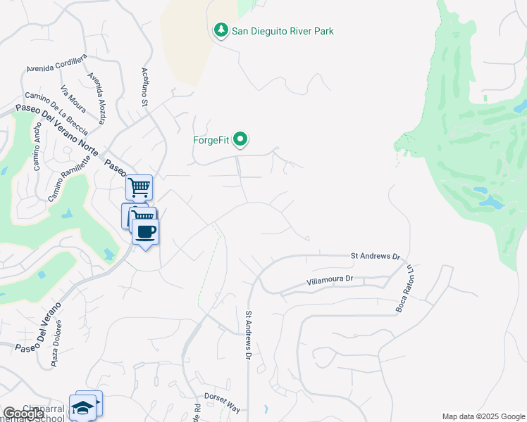 map of restaurants, bars, coffee shops, grocery stores, and more near 13455 Old Winery Road in Poway