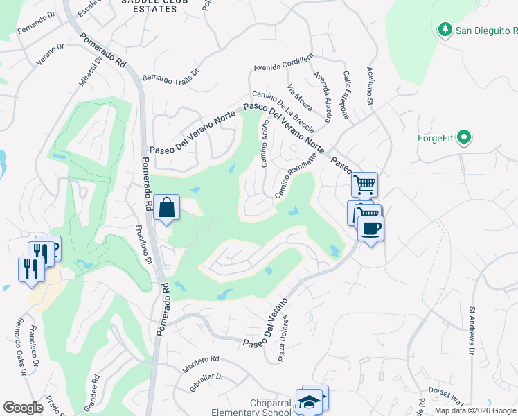 map of restaurants, bars, coffee shops, grocery stores, and more near 12771 Corte Cierna in San Diego