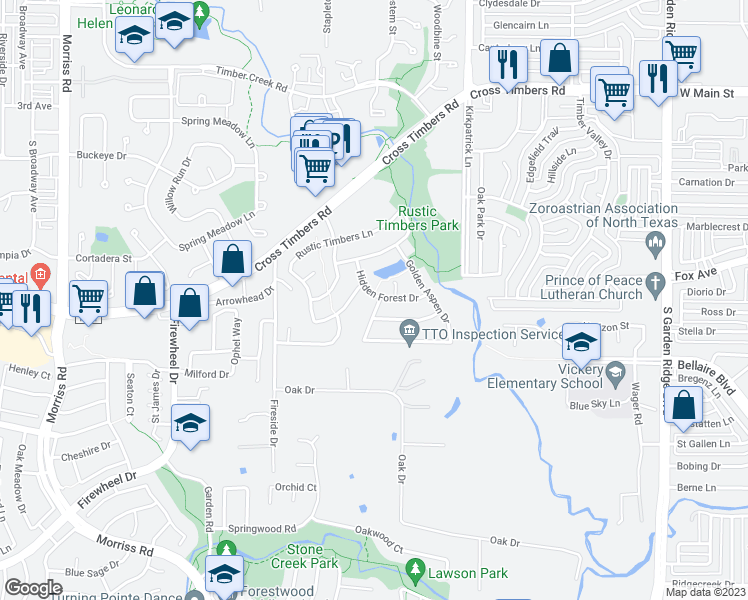 map of restaurants, bars, coffee shops, grocery stores, and more near 3613 Mayhaw Drive in Flower Mound