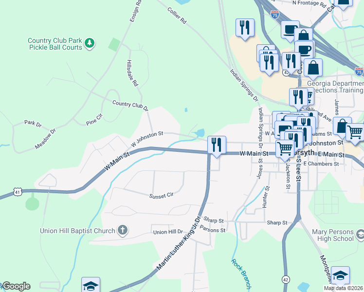 map of restaurants, bars, coffee shops, grocery stores, and more near 333 West Main Street in Forsyth