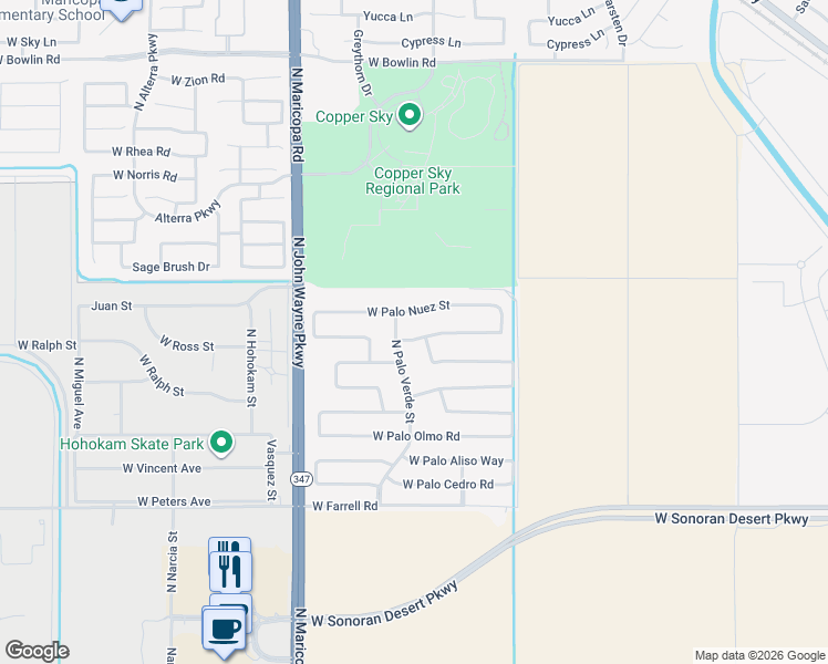 map of restaurants, bars, coffee shops, grocery stores, and more near 44308 West Palo Amarillo Road in Maricopa