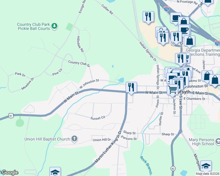 map of restaurants, bars, coffee shops, grocery stores, and more near 333 West Main Street in Forsyth