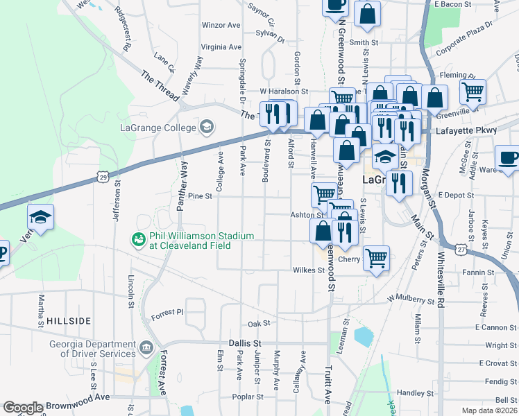 map of restaurants, bars, coffee shops, grocery stores, and more near 307 Boulevard in LaGrange
