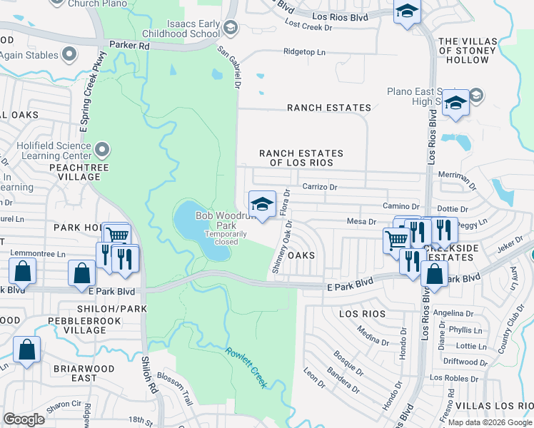map of restaurants, bars, coffee shops, grocery stores, and more near 2412 San Gabriel Drive in Plano