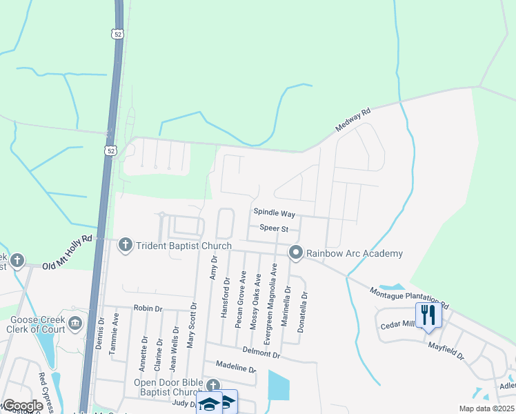 map of restaurants, bars, coffee shops, grocery stores, and more near 106 Spindle Way in Goose Creek