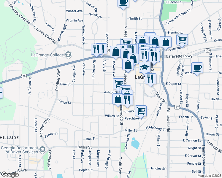 map of restaurants, bars, coffee shops, grocery stores, and more near 401 Harwell Avenue in LaGrange