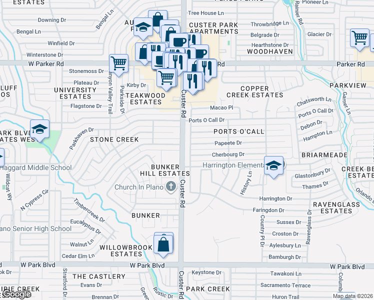 map of restaurants, bars, coffee shops, grocery stores, and more near 2626 Custer Road in Plano
