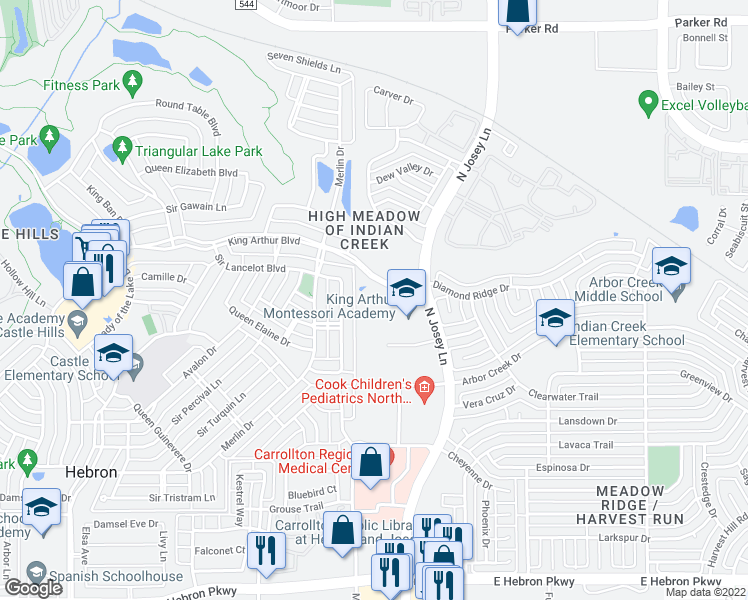 map of restaurants, bars, coffee shops, grocery stores, and more near 1800 King Arthur Boulevard in Carrollton