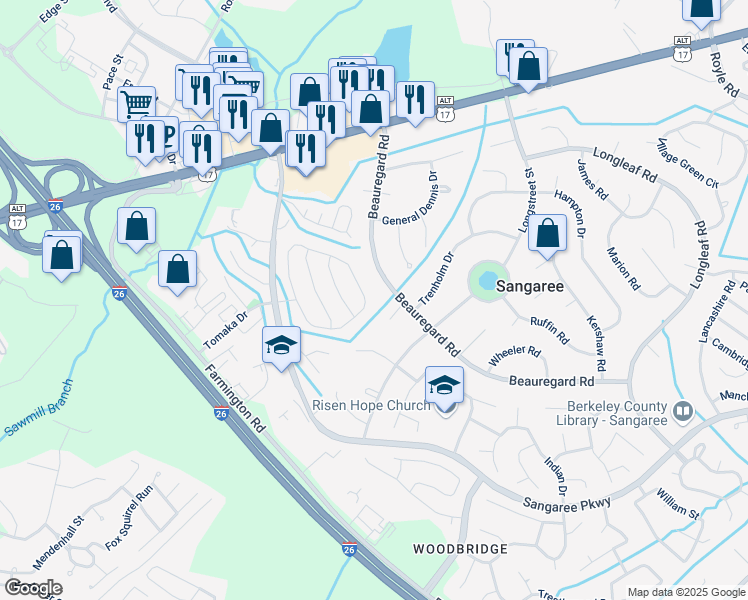 map of restaurants, bars, coffee shops, grocery stores, and more near 104 Toutant Court in Summerville