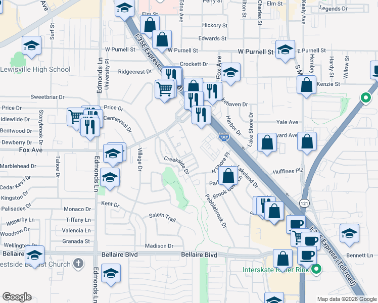 map of restaurants, bars, coffee shops, grocery stores, and more near 696 Fox Avenue in Lewisville