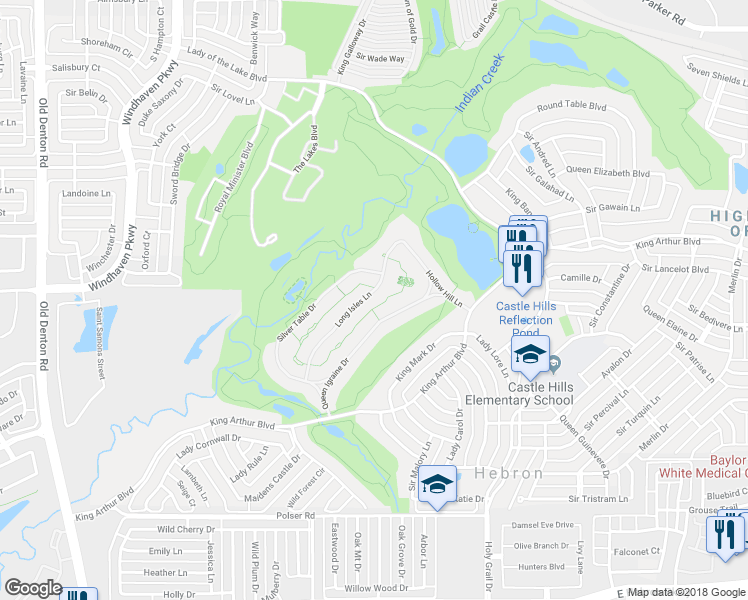 map of restaurants, bars, coffee shops, grocery stores, and more near 1101 Long Isles Lane in Lewisville