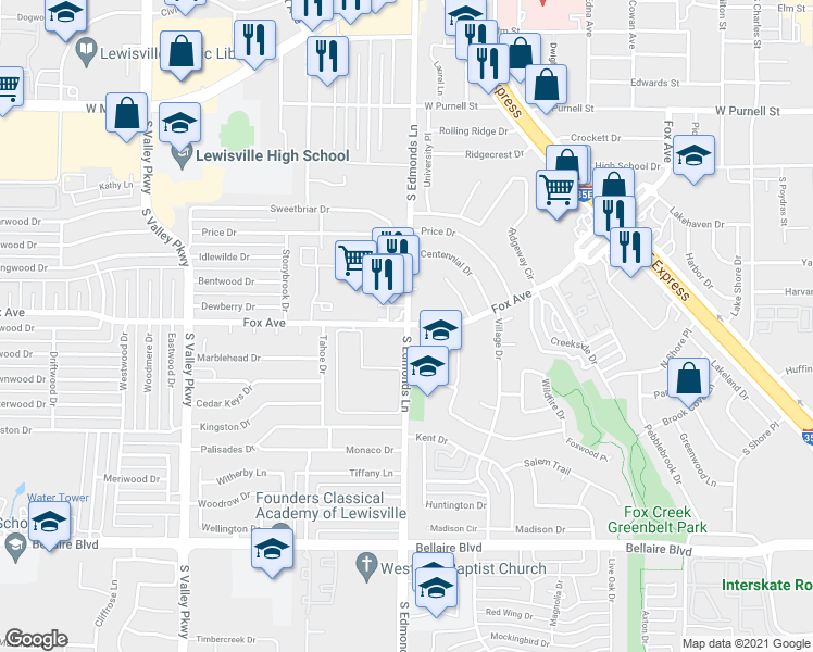 map of restaurants, bars, coffee shops, grocery stores, and more near 1102 South Edmonds Lane in Lewisville