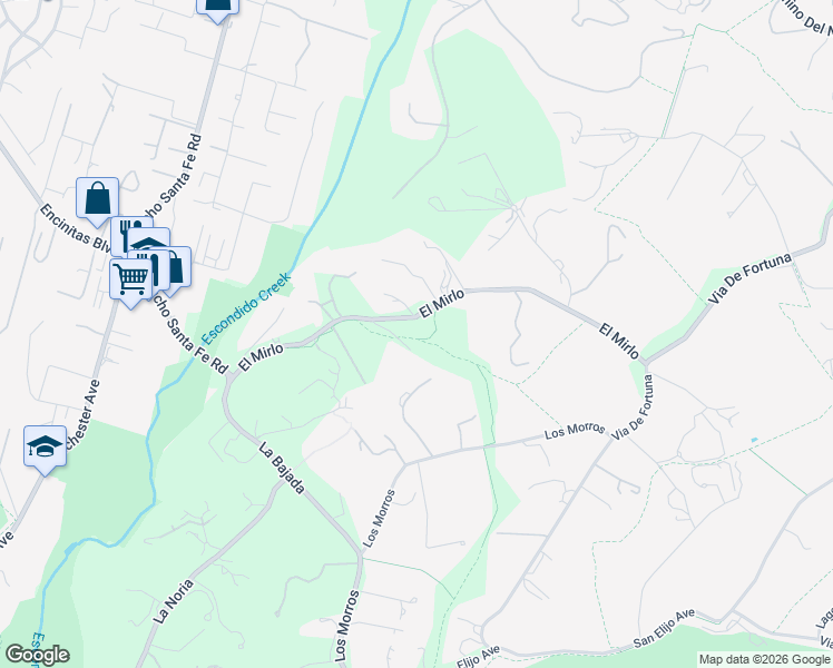 map of restaurants, bars, coffee shops, grocery stores, and more near 4835 El Mirlo in Rancho Santa Fe