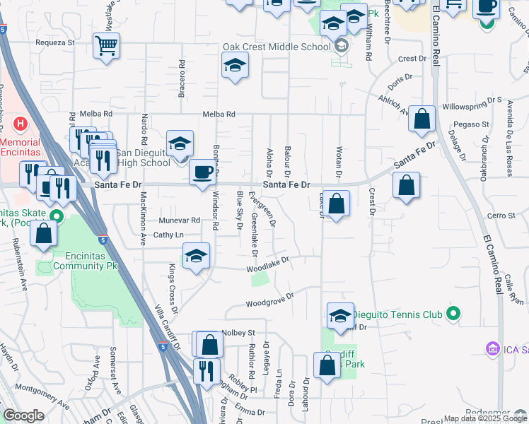 map of restaurants, bars, coffee shops, grocery stores, and more near 1248 Evergreen Drive in Encinitas