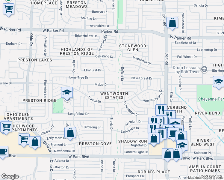map of restaurants, bars, coffee shops, grocery stores, and more near 2716 Browning Drive in Plano