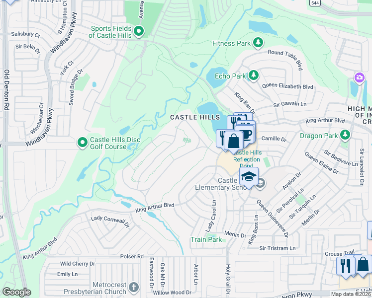 map of restaurants, bars, coffee shops, grocery stores, and more near 1012 Queen Igraine Drive in Lewisville