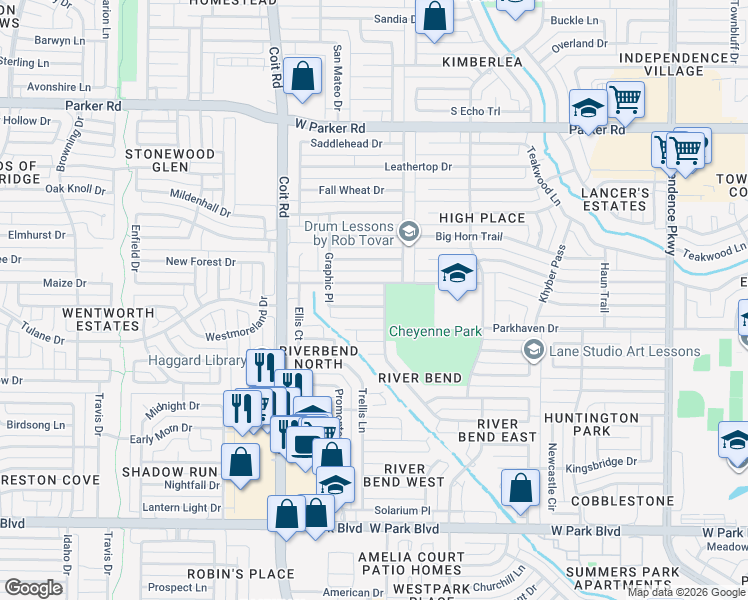 map of restaurants, bars, coffee shops, grocery stores, and more near 3812 Graphic Place in Plano