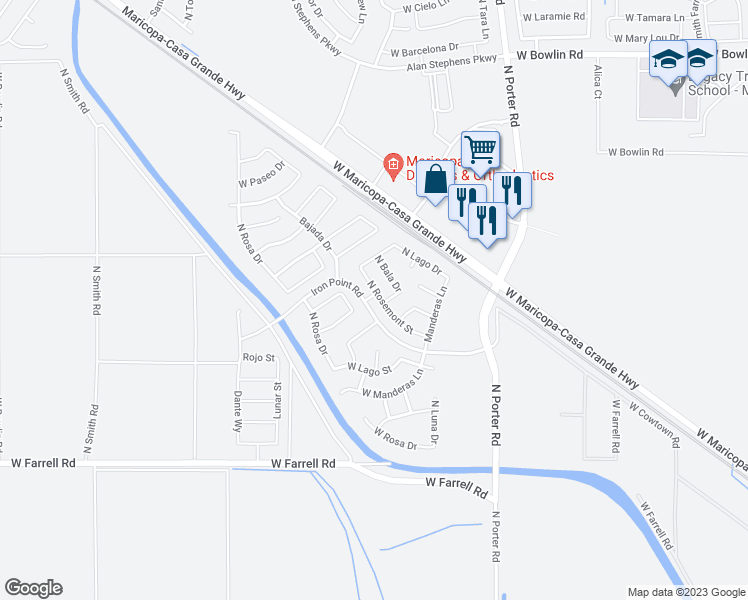 map of restaurants, bars, coffee shops, grocery stores, and more near 17118 North Rosemont Street in Maricopa