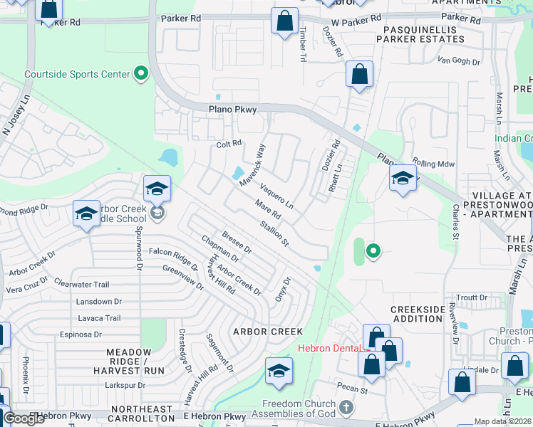 map of restaurants, bars, coffee shops, grocery stores, and more near 2355 Stallion Street in Carrollton