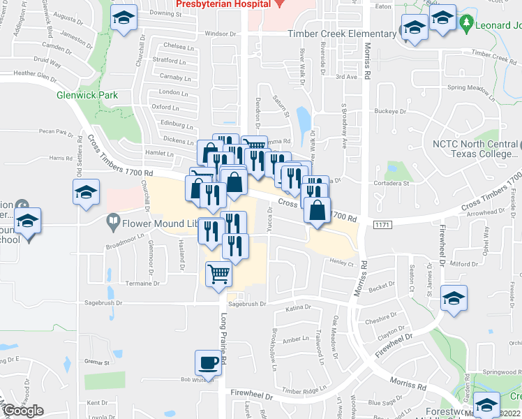 map of restaurants, bars, coffee shops, grocery stores, and more near 3603 Yucca Drive in Flower Mound
