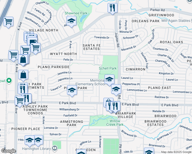 map of restaurants, bars, coffee shops, grocery stores, and more near 2625 R Avenue in Plano