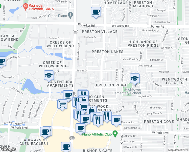 map of restaurants, bars, coffee shops, grocery stores, and more near 39 Ohio Drive in Plano