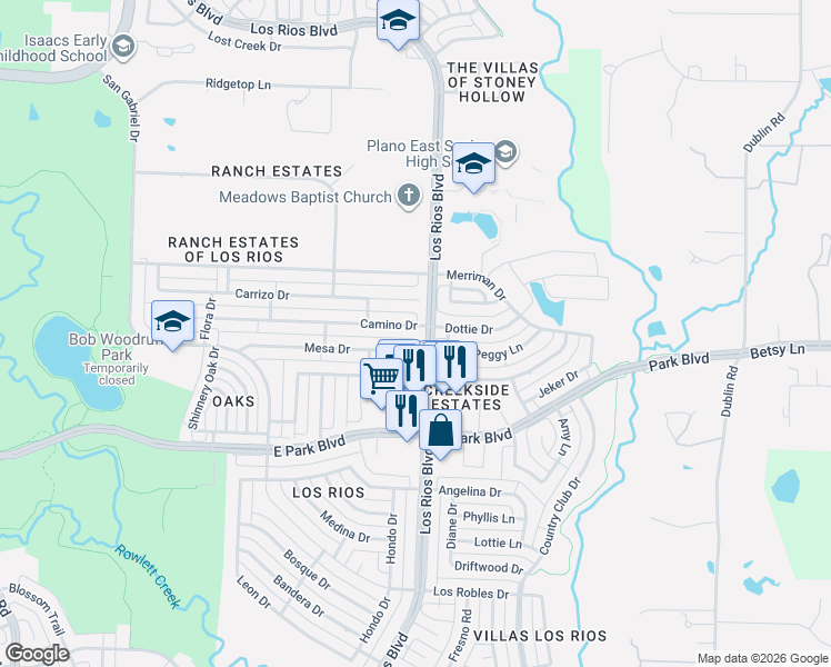 map of restaurants, bars, coffee shops, grocery stores, and more near 4129 Mesa Drive in Plano