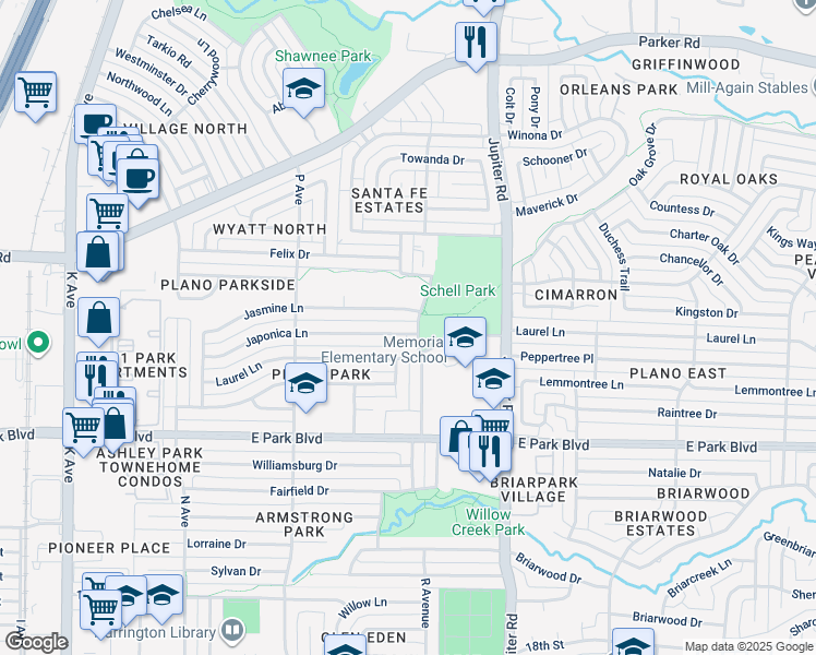 map of restaurants, bars, coffee shops, grocery stores, and more near 2625 R Avenue in Plano