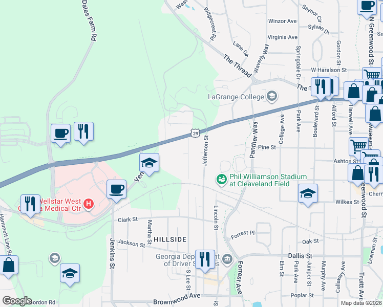 map of restaurants, bars, coffee shops, grocery stores, and more near 305 North Lee Street in LaGrange