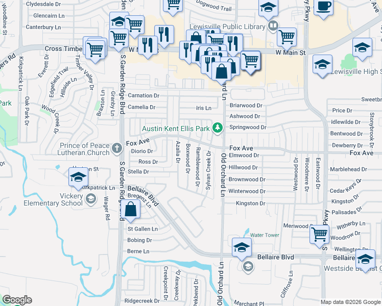 map of restaurants, bars, coffee shops, grocery stores, and more near 919 Boxwood Drive in Lewisville