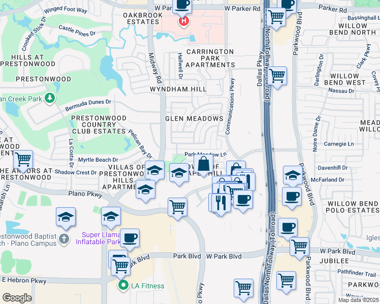 map of restaurants, bars, coffee shops, grocery stores, and more near 6241 Park Meadow Lane in Plano